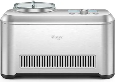 A close-up studio shot of a silver ice cream maker.