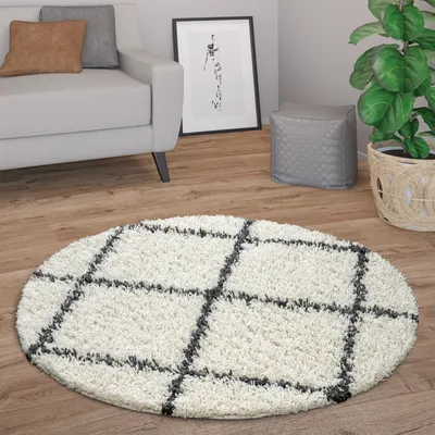 Produktbild von Hochflor Teppich Rund Wohnzimmer Moderner Shaggy Langflor Skandi Rauten Grösse 160 cm Rund