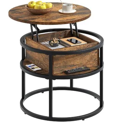Produktbild von 2 in 1 Couchtisch Rund mit Hebeplatte,Beistelltisch mit Verstecktem Stauraum,Klein Wohnzimmertisch Kaffeetisch für Wohnzimmer,Büro 60x60x47cm Braun