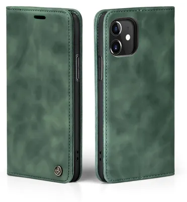 A green flip case for an Apple iPhone 11 is shown from two angles.