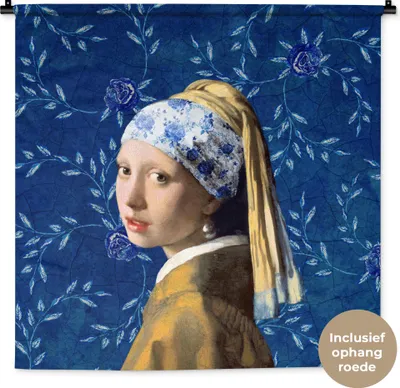 Produktbild von MuchoWow® Wandteppich Wandbehang Mädchen mit Perlenohrring - Delfter Blau - Vermeer - Blumen - Gemälde - Alte Meister 90x90 cm Tapisserie Dekoration Wandtuch - Wandaufhänger