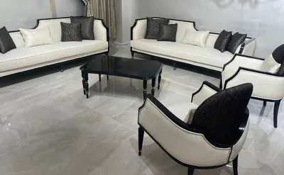 Produktbild von Casa Padrino Luxus Art Deco Wohnzimmer Set Naturfarben / Schwarz / Gold - 2 Art Deco Sofas & 2 Art Deco Sessel & 1 Art Deco Couchtisch - Wohnzimmer Möbel - Art Deco Möbel - Luxus Möbel