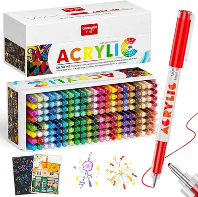 Produktbild von GuangNa Acrylmarker Set 168 Farben, Hard-Tip Acrylstifte mit Hochglanz-Effekt für Steine, Keramik, Glas und Holz