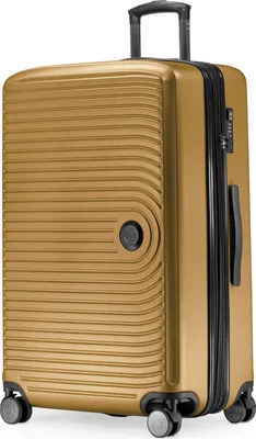A studio shot of a large, gold suitcase.
