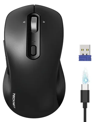 Immagine prodotto di Mouse Bluetooth, wireless, ricaricabile, con rotellina di scorrimento a 4 direzioni, 4800 DPI, 6 livelli di sensibilità, 6 pulsanti, tecnologia BT5 e BT3, compatibile con 3 dispositivi, ergonomica, colore nero