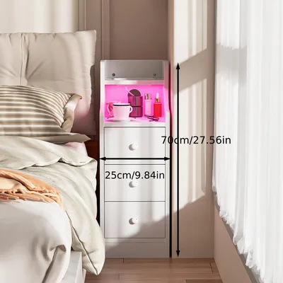 Immagine prodotto di Comodino piccolo – Mobiletto per la camera da letto – 3 cassetti – Ripiano aperto – Aspetto legno bianco