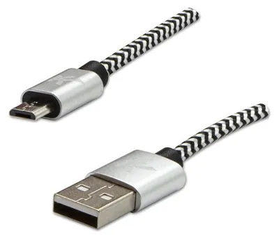 Produktbild von Logo USB kabel (2.0), USB A M - microUSB (M), 1m, 480 Mb/s, 5V/2A, srebrny, box, oplot nylonowy, aluminiowa osłona złącza