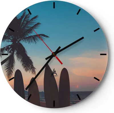 Produktbild von Wanduhr - Rund - Glasuhr - Strand Meer Palme - 40x40cm - Schleichendes Uhrwerk - Lautlos - zum Aufhängen bereit - Dekoration Modern - Wanddekoration aus Glas - C3AR40x40-4080