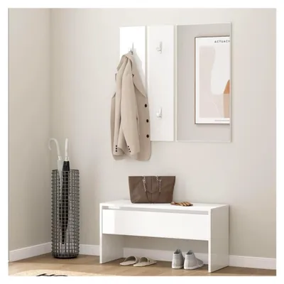 Produktbild von Garderobenset, Wandgarderobe mit Bank und Spiegel, 2 Garderoben, Flurbank mit viel Stauraum, Holzwerkstoff (Hochglanzweiß)