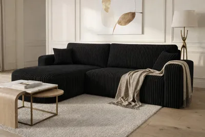 Image de Canapé d'angle avec fonction couchage, velours côtelé Tilia, noir, configuration ? gauche, ROUND ONE XL