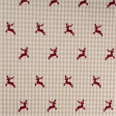 Produktbild von Vorhangstoff Meterware Dekostoff springende Hirsche rot beige 160cm
