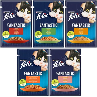 Zdjęcie produktu dla Felix Fantastic Karma Dla Kotów Mix Smaków W Galaretce 5x85g Wołowina Królik Kurczak Łosoś