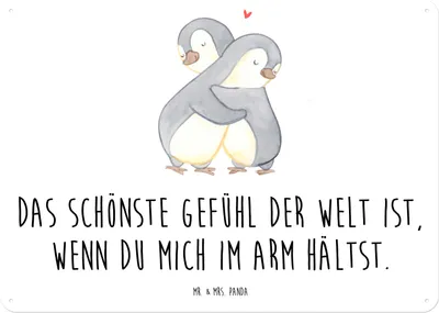 Produktbild von Mr. & Mrs. Panda Schild Pinguine Kuscheln DIN A5 - Weiß - Geschenk, Freund, für Frauen, Türschild, Freundin, Deko Blechschild, Liebesbeweis, Valentinstag, Wandbild, tafel