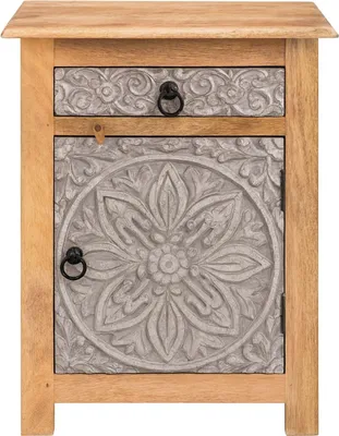 Produktbild von Orientalischer Holz Nachttisch Ferial Grau Braun 70cm Hoch | Orient Vintage Nachtkommode orientalisch handverziert | Indischer Nachtschrank auch für Boxspringbett | Asiatische Möbel aus Indien