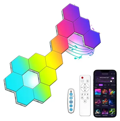 Image de Lampes LED hexagonales modulaires, synchronisation musicale, contrôle via application et télécommande, lot de 12 lampes LED hexagonales