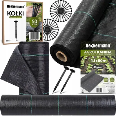 Zdjęcie produktu dla Zestaw Agrotkanina Heckermann 1,1x50m 90g/m2 Czarna + Kołki czarne 50 szt