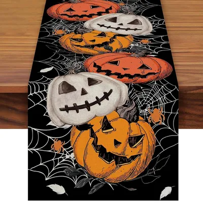 Produktbild von Tischläufer Halloween Kürbis Spinnennetz Schwarz Orange 183x33cm Polyester