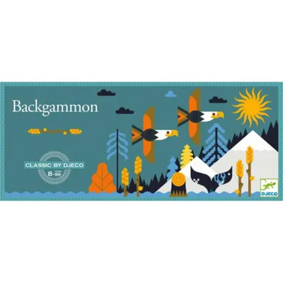 The image shows the front of a DJECO Backgammon game box with a stylized landscape illustration.