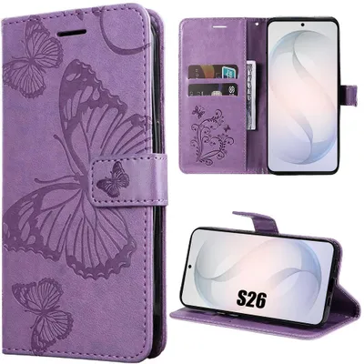 Image de Coque pour Samsung Galaxy S26, Flip Case Cuir Synthétique Antichoc Anti-Rayures Motif Papillon Violet