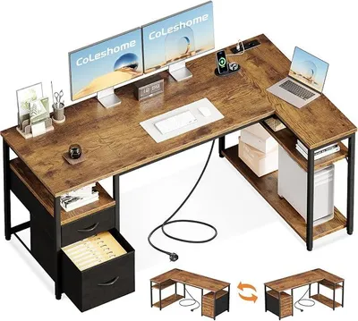 Productafbeelding van Bureau met 2 lades en een plank, 160x80 cm. Hoekbureau met opbergruimte en stopcontact, omkeerbaar bureau voor thuiswerkplek en gezinsruimte, bruin