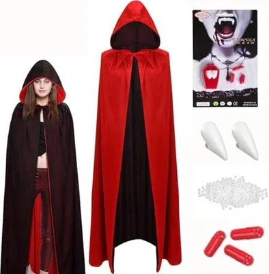 Zdjęcie produktu dla Zestaw kostiumu wampira z kłami i krwią – dwuczęściowy kostium na Halloween