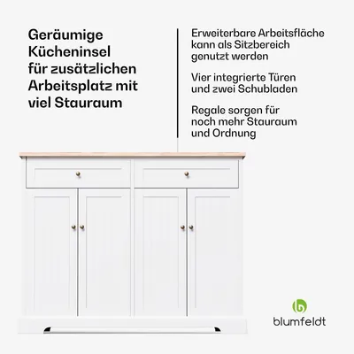 Produktbild von Blumfeldt Kücheninsel – Ausziehbare Arbeitsplatte, 2 Schubladen & 4 Türen, Vielseitiger Küchenwagen, Modernes Design, Robuste Konstruktion, Leicht zu Reinigen, 106,5x49,5x89 cm