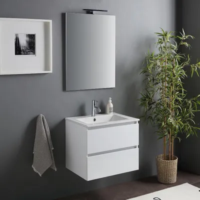 Immagine prodotto di Mobile bagno sospeso con lavabo 60cm e cassetti bianco lucido | Benaco