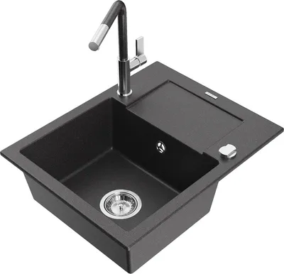 Produktbild von Mexen Enzo 1 Becken-Granitspüle mit Abtropffläche und Mischbatterie Flora, Schwarz gesprenkelt - 6506-76-670401-08