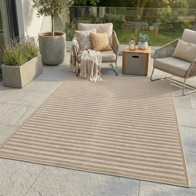 Produktbild von Outdoor Teppich Wetterfest Balkon Terrasse Braun 150x150 cm Quadratisch - Moderne Linien-Optik, Flachgewebe