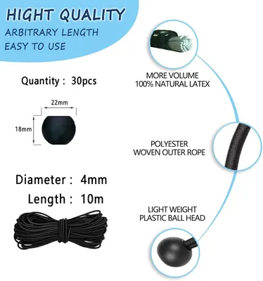 Obrázok produktu pre Gumička s 30 upevňovacími guličkami, 10 metrov, priemer 4 mm, určená na stanovanie a pripevňovanie plachiet