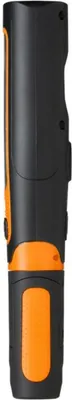 A side view of a black and orange flashlight.