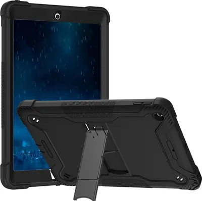 A black protective case for a tablet is shown from two angles, with one case standing upright and the other lying flat with its kickstand extended.