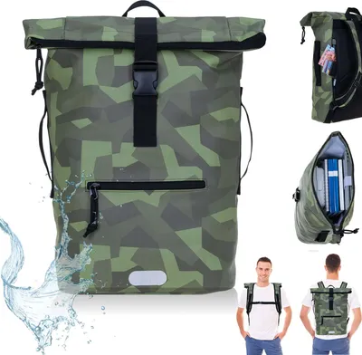 Produktbild von Rucksack Plane Time Bag 24 L Kurierrucksack Roll-Top Herren Jungen Geheimfach Brustgurt Angeln Paintball Jagd Outdoor Safari Army Flecktarn Elephant 12824 Cyber Camo Matt Oliv + f