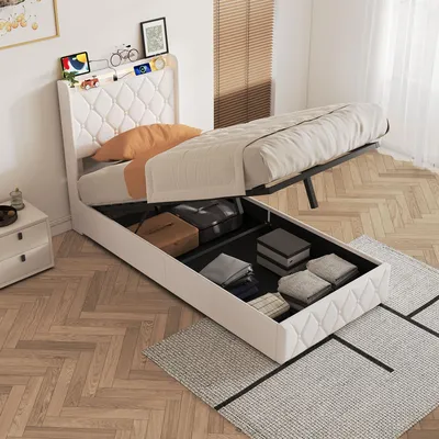 Image de Lit simple ProximaX, dimensions 90x200 cm, revêtement en velours, avec éclairage LED, port USB-C et espace de rangement à mécanisme hydraulique