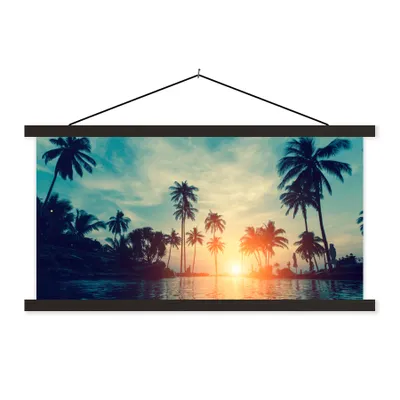 Produktbild von MuchoWow® Textilposter Meer - Sonnenuntergang - Palme - Wolken 60x30 cm mit schwarzem Rahmen - Textilien
