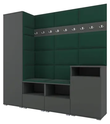 Produktbild von Garderobe NELA X 200 cm Modulare Flurmöbel Graphit mit Sitzpolster Flaschengrün 28 (Schrank + Sideboard)