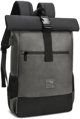 Produktbild von Großer Leder- und Polyester-Rolltop-Rucksack mit USB-Ladeanschluss und Laptopfach