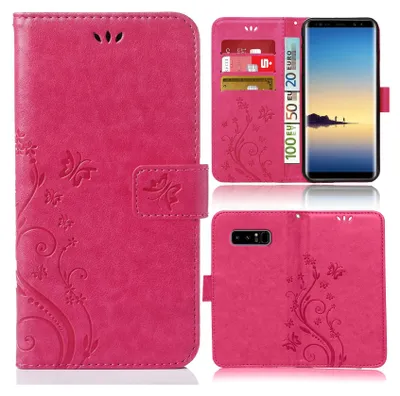 A collage of images showing a pink phone case with a floral and butterfly design, including a view of the case open with cards and money inserted, and a view of the back of the case with a phone inserted.