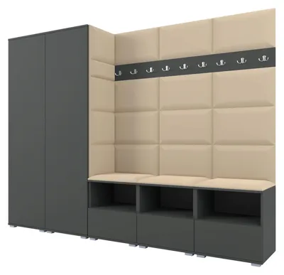 Productafbeelding van Garderobe NELA VII, 250 cm, modulaire entreekast XL, grafietkleurig, met zitkussen in beige kleur (04), bestaande uit 2 kasten
