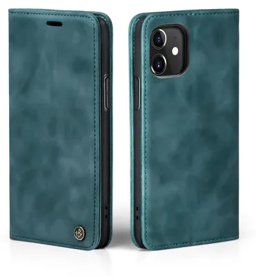 A teal-colored flip case for an Apple iPhone 12 is shown from two angles.