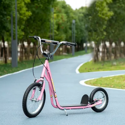 Produktbild von Tretroller Kickscooter, Kinderroller mit Luftreifen & 2 V-Bremsen, 16+12 Zoll Stahlrahmen, Rosa  |  ab 5 Jahre  |  höhenverstellbar  |  135x58x100 cm