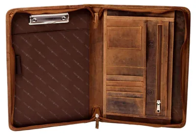Produktbild von Leder-Schreibmappe DIN A4 - Vintage Konferenzmappe mit Reißverschluss – A4 Schreibmappe aus Leder - hochwertige Vertretermappe aus Leder - 36 x 26,5 x 3 cm