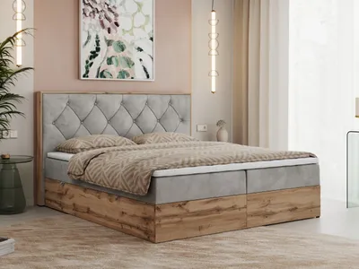 Produktbild von MKS MEBLE Boxspringbett 200x200 mit Bettkasten Eiche, Polsterbett 200x200 mit Matratze H3, Bett 200x200 mit Kopfteil, Bett mit Holzrahmen in Wotan Eiche - Hellgrau Velvet - Veneto