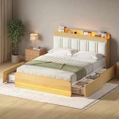 Image de Lit rembourré KIMENICH, lit double avec éclairage LED et station de recharge, lit avec rangement (4 tiroirs), sans matelas, 140 x 200 cm, blanc + naturel