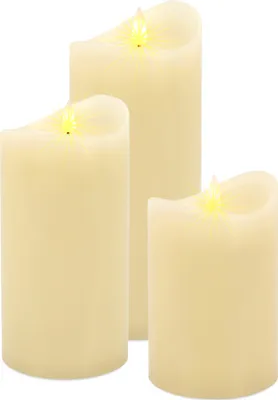 Three LED candles of varying heights are arranged in a group against a white background.