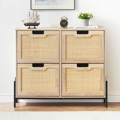 Image de Armoire à chaussures en rotin avec 4 portes rabattables Armoire à chaussures indépendante en bois avec 3 étagères réglables pour chaussures Bottes Pantoufles Naturel