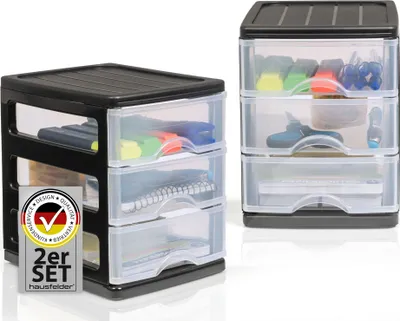 Produktbild von Hausfelder Schubladenbox A6, Box mit 3 Schubladen, Organizer und Schreibtisch Ordnungssystem (2er Pack)