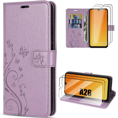 Image de Coque + 2 Verres Trempés pour Samsung Galaxy A26 5G, Anti-Rayures Protection 360 Effet Cuir Violet Motif Plante Papillon