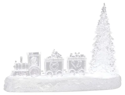 Dekorative Eisenbahn mit Tannenbaum, LED-Licht, 28 cm, Acryl, Weiß