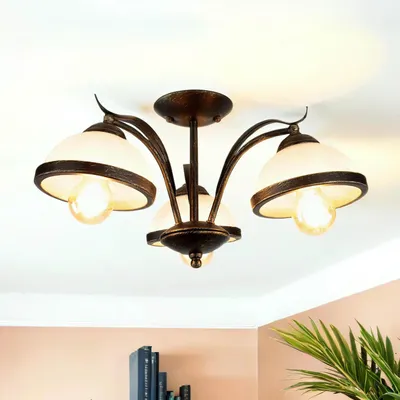 Produktbild von Deckenleuchte Landhaus "Korfu" Messing Weiß Glas Metall 3-flammig Deckenlampe Wohnzimmer Flur